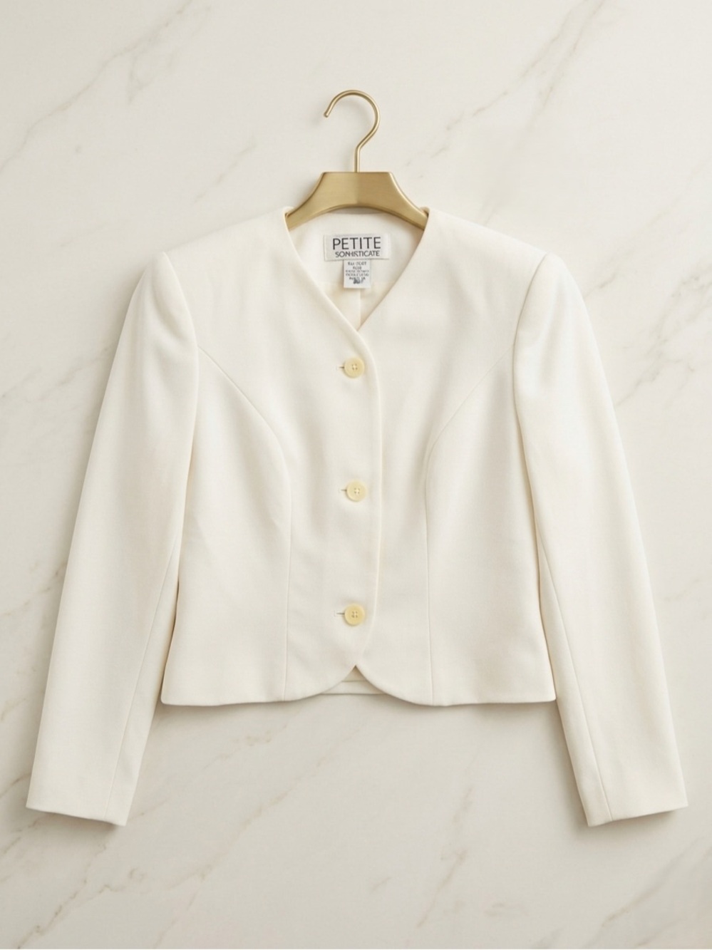 Petite Sophisticate Vintage Ivory Minimalist Collarless Blazer